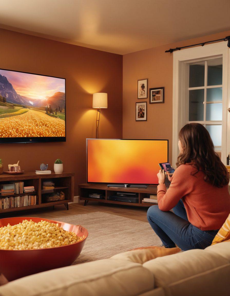A vibrant scene featuring a cozy living room with a large smart TV displaying an engaging video content series, surrounded by popcorn and snacks. Include a diverse group of friends laughing and enjoying the show together, with colorful decorations that suggest excitement and entertainment. Capture the warmth of togetherness with soft lighting effects, and emphasize the immersive quality of video content. super-realistic. warm colors. 3D.