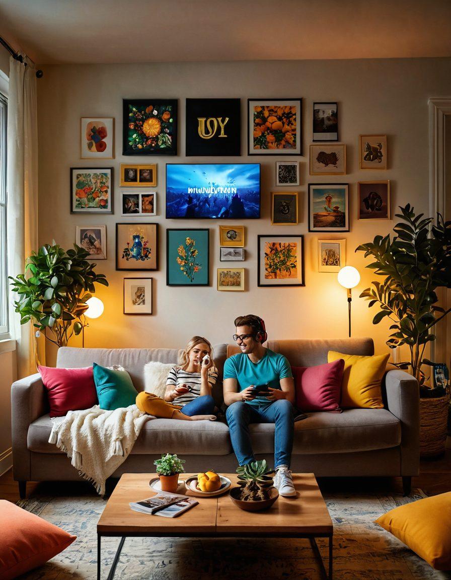 A cozy living room scene with a plush sofa adorned with colorful pillows, surrounded by a variety of streaming devices and snacks. A happy family is gathered, watching a movie on a large screen, their faces illuminated by the warm glow of the display. Surrounding them are visual representations of different entertainment genres, like music notes, comedy masks, and action scenes, creating a vibrant atmosphere of joy and contentment. The room has soft lighting and plants for a homely touch. super-realistic. vibrant colors. warm tones.