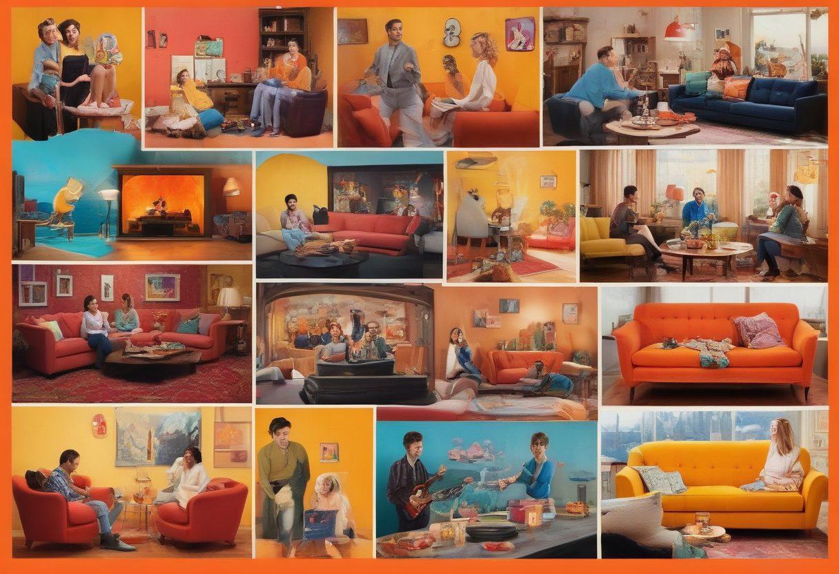 A captivating collage of iconic scenes from various favorite shows and films, with vibrant characters expressing joy and excitement. Incorporate a colorful film reel and popcorn elements to symbolize entertainment. Include a cozy living room setting with a large screen displaying dynamic visuals of adventure and comedy. Use a bright and uplifting color palette to evoke cheerful emotions. super-realistic. vibrant colors. cozy atmosphere.